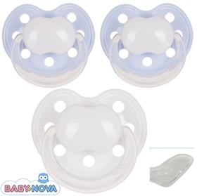 Baby Nova sutter-med-navn (2 Lyseblå + 1 Hvid) Anatomisk Silikone Str. 0-6 md. Pakke med 3 stk. sutter