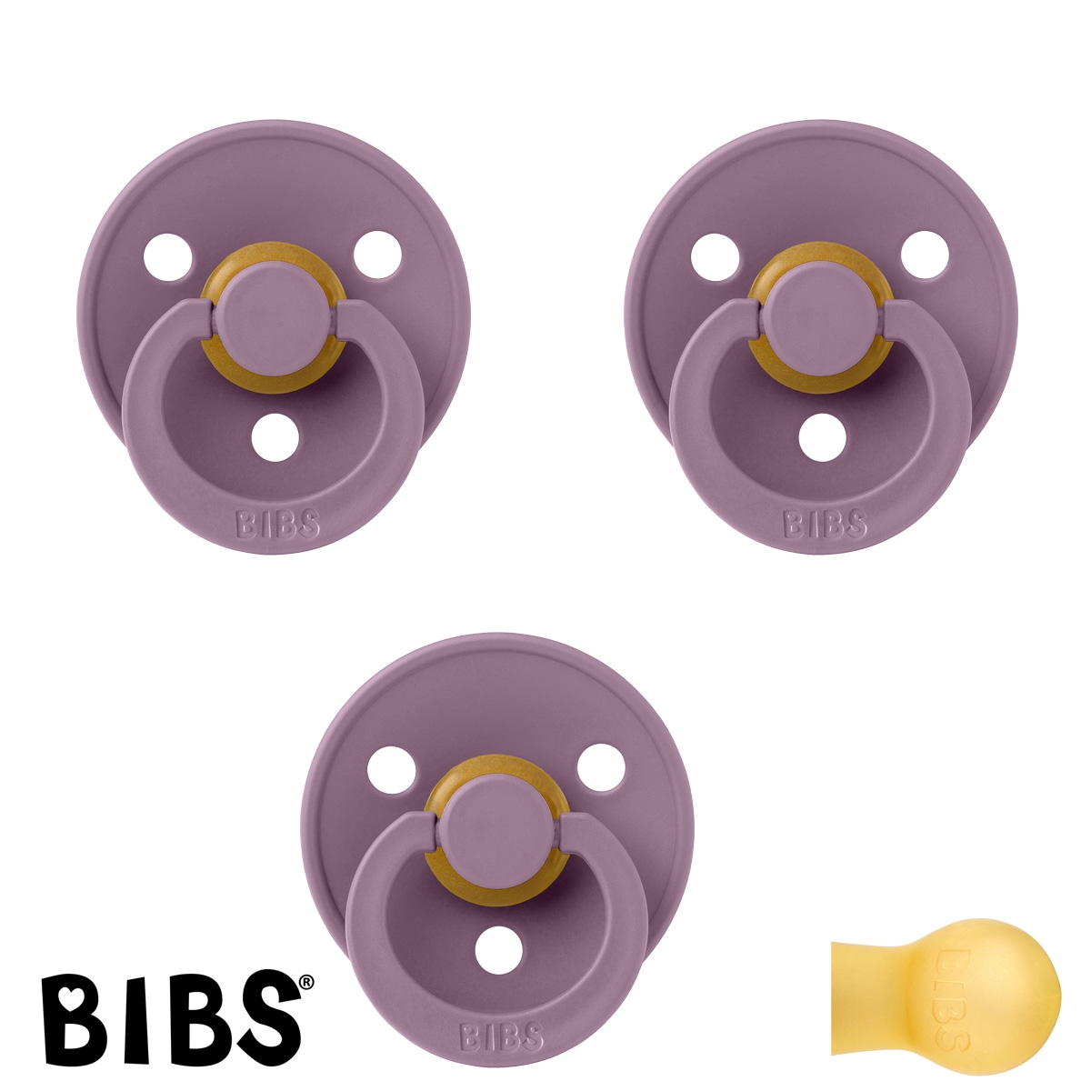 BIBS Colour Sutter med navn str2, 3 Mauve, Runde latex, Pakke med 3 sutter