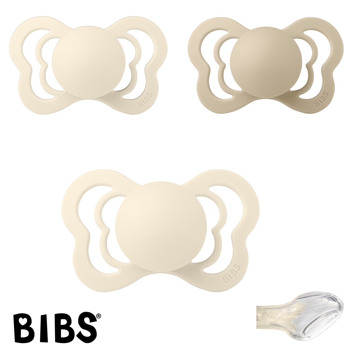 BIBS Couture Sutter med navn str2, 2 Ivory, 1 Vanilla, Anatomisk Silikone, Pakke med 3 sutter