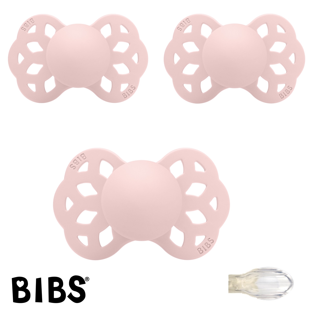 BIBS Infinity Sutter med navn str2, 3 Blossom, Symmetrisk Silikone, Pakke med 3 sutter