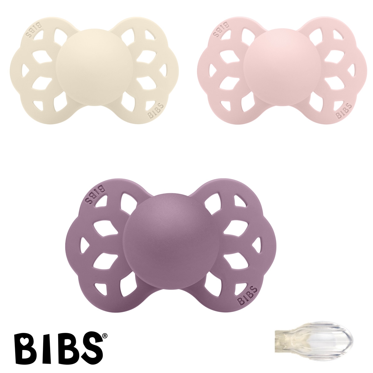 BIBS Infinity Sutter med navn str2, 1 Blossom, 1 Ivory, 1 Mauve, Symmetrisk Silikone, Pakke med 3 sutter